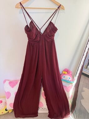 Zara Burgundy Spaghetti-Strap Wide Leg Jumpsuit